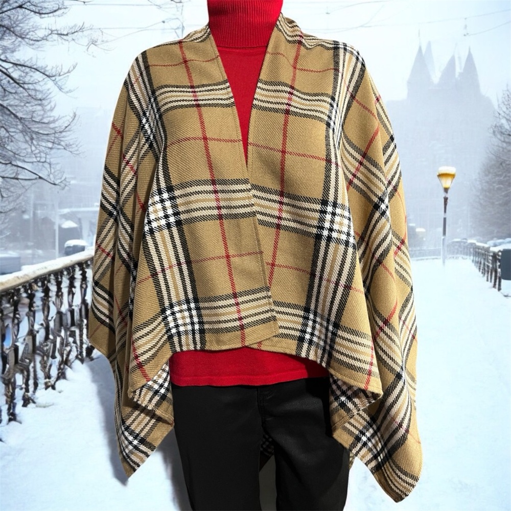 V. FRAAS plaid shawl ruana poncho wrap one size fall warm tones cozy winter